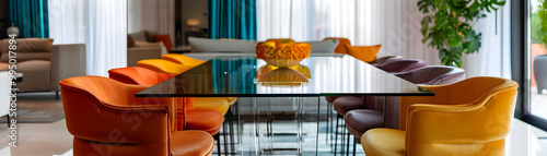 Modern Interior Design with Colorful Velvet Chairs Around a Glass Table - Photo