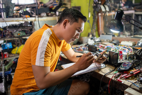 Repair man looks at the circuit and takes notes on the workbench at the service station.