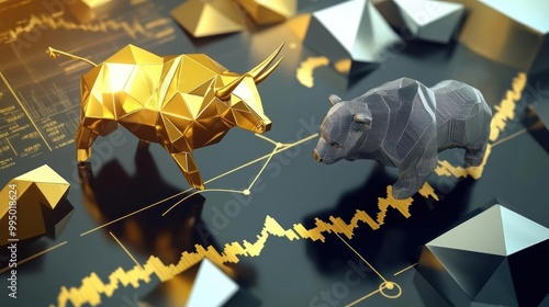 Floating geometric shapes in gold and silver around a rising market graph, mythical bull and bear in conflict, economic concept, text area