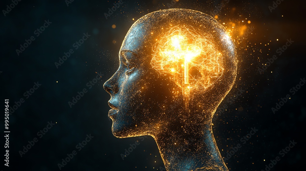 Abstract representation of thought and creativity, glowing head with bright effects. Abstract representation of thought and creativity, glowing head with bright effects.