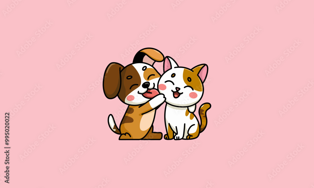 Happy cat and dog sharing affection with a heart symbol