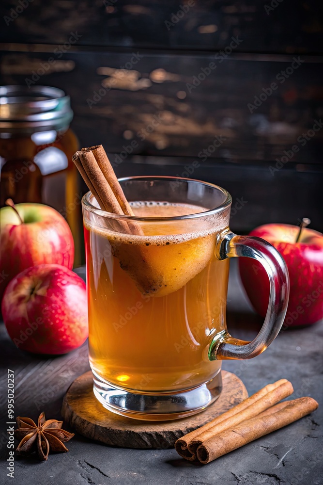 Warm apple cider with cinnamon in a glass mug. Warm apple cider with cinnamon in a glass mug.