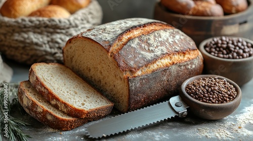 Freshly baked bread with slices and spices in rustic setting.