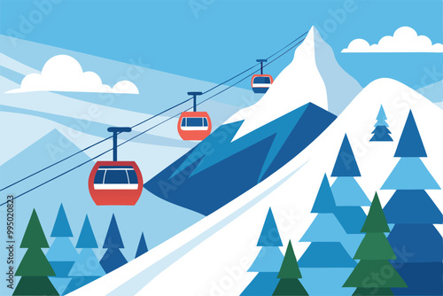 A ski lift carrying skiers against a mountain backdrop.