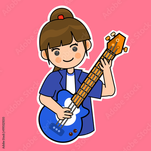 Cartoon Girl Playing Electric Guitar Bass. Music Instrument Vector Illustration. Suitable for Adorable Stickers and Musical Performance Content