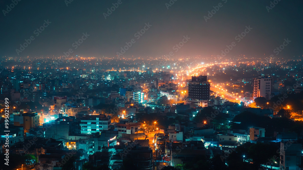 Obraz premium Nighttime cityscape showing a vibrant urban skyline with illuminated buildings and streets