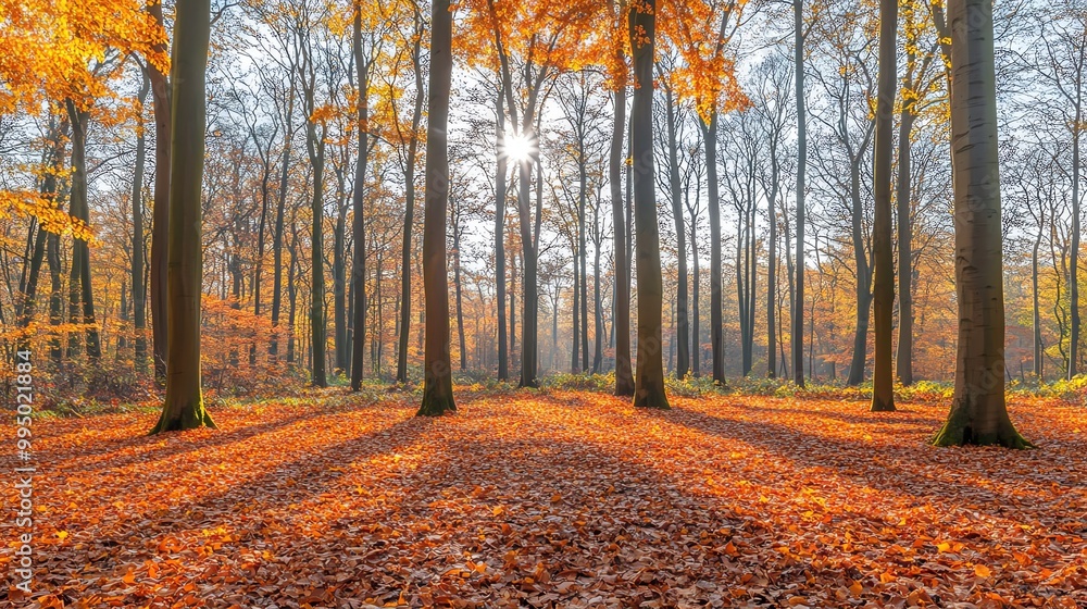 Obraz premium Beautiful autumn forest with golden leaves and sunlight streaming through the trees.