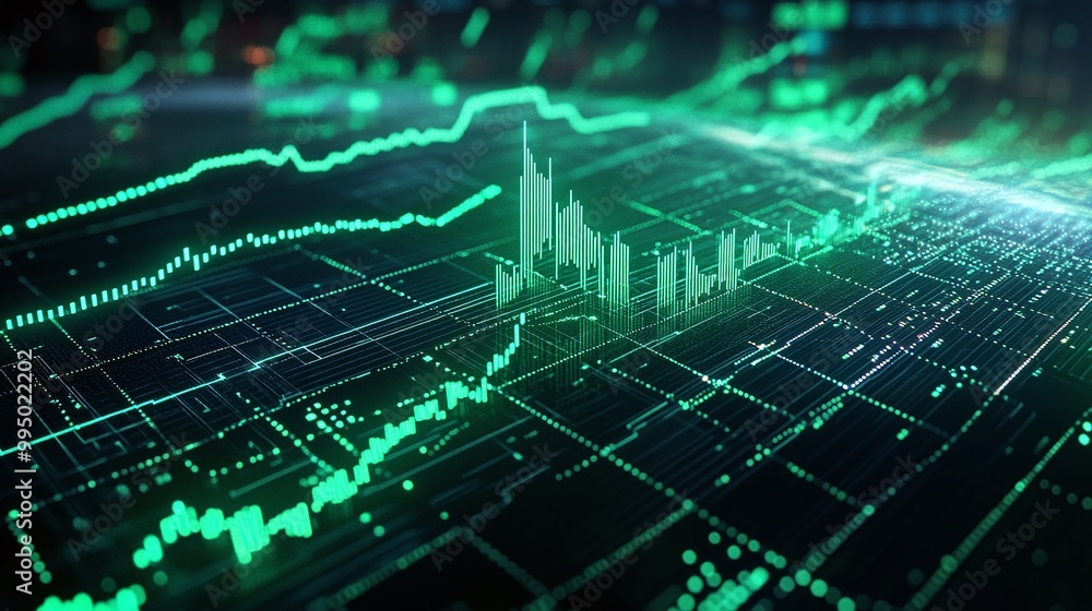 Abstract financial data visualization with green graphs and charts on a digital interface. Abstract financial data visualization with green graphs and charts on a digital interface.