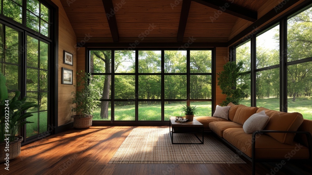 Obraz premium A spacious, modern barn interior flooded with natural light, featuring a comfortable sofa, a coffee table, and a serene view of a lush green landscape. The room exudes a sense of warmth, tranquility, 