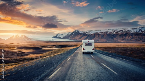 Beautiful Iceland Sunset: Tourists in Rental Camper Van Traveling Through Mountains and Nature