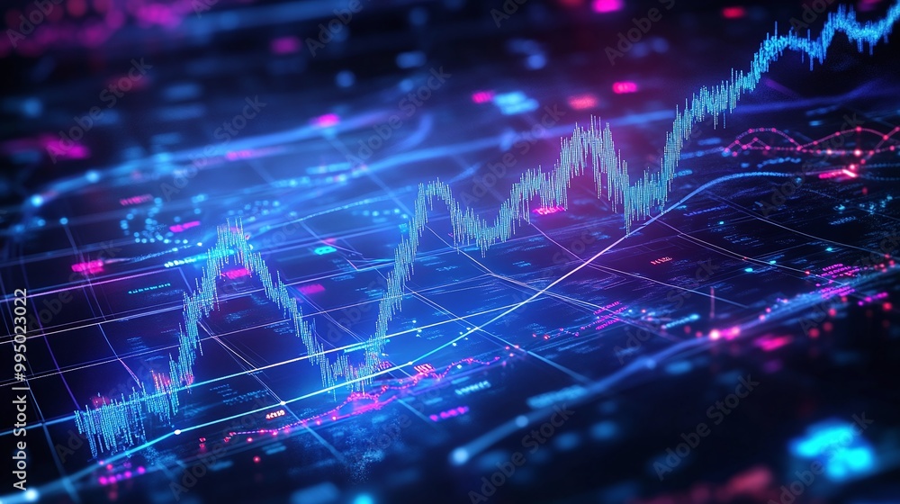 Abstract graph data visualization with vibrant colors representing stock market trends on a digital interface. Abstract graph data visualization with vibrant colors representing stock market trends on a digital interface.