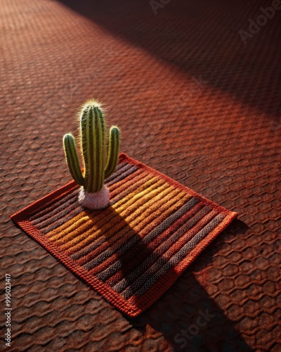 Small cactus casting a shadow on a terracotta surface.
