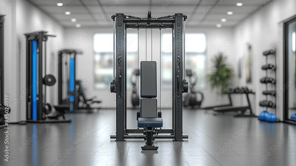 Modern gym interior featuring a cable machine for strength training. Modern gym interior featuring a cable machine for strength training.