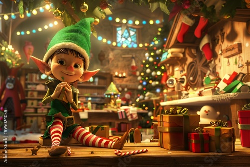 Playful 3D cartoon elf with a green hat and striped stockings, wrapping presents in Santa's workshop, ,  created by ai