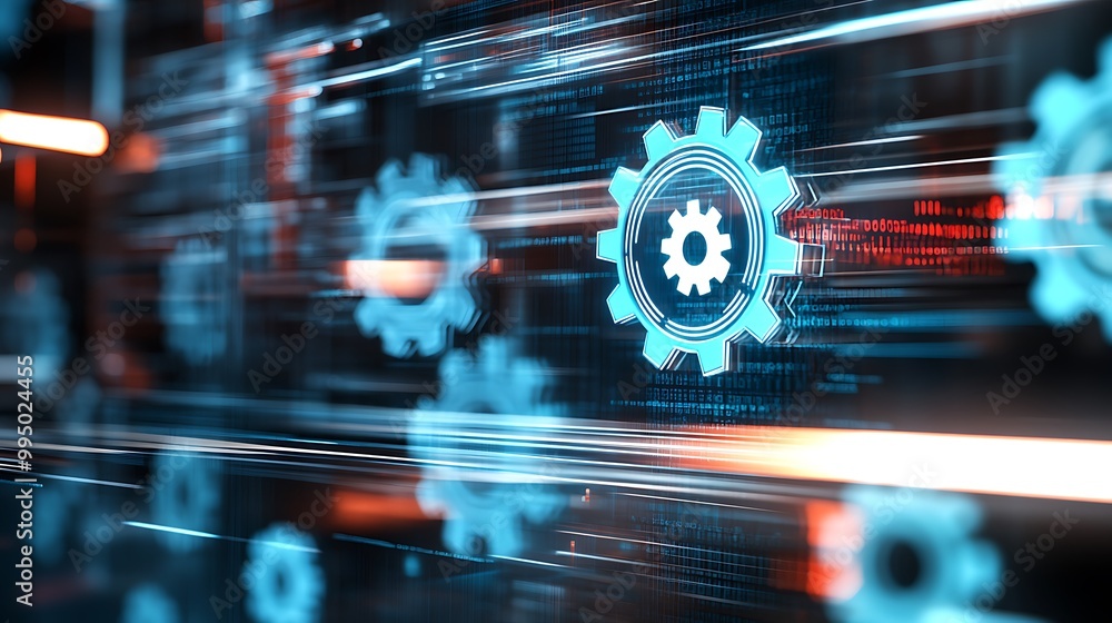 Fototapeta premium Modern digital display with animated gears icon and a reflective effect, highlighting the concept of business process workflow optimization