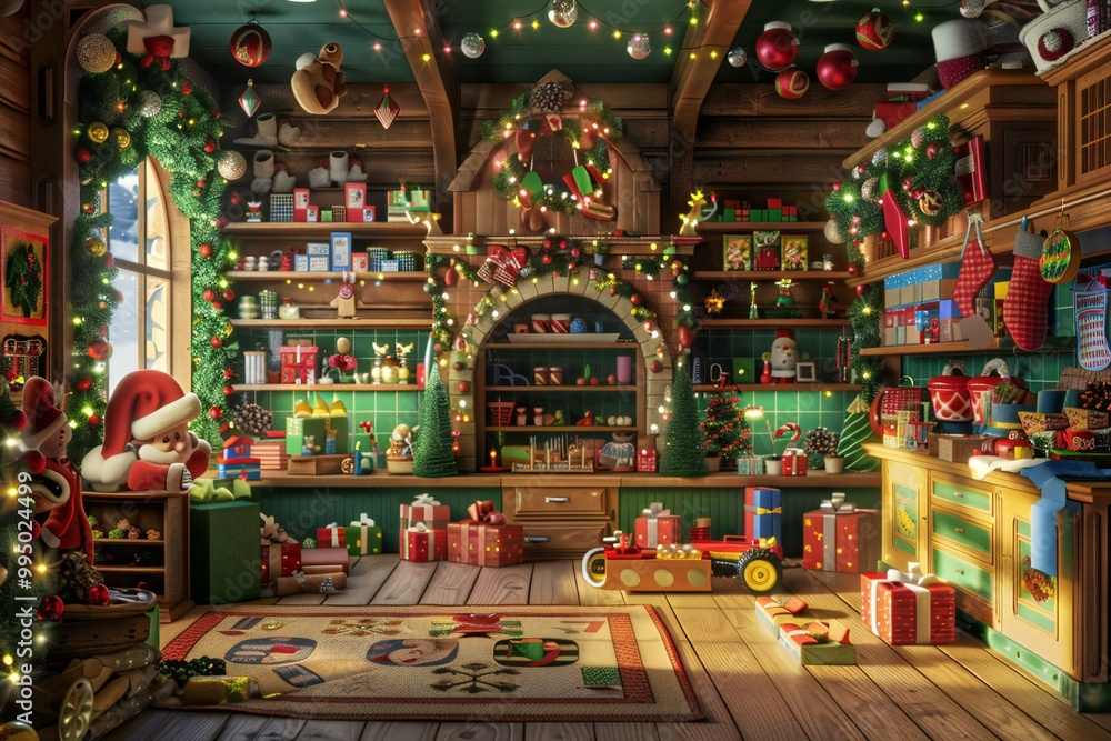 Whimsical 3D render of Santa’s workshop with colorful toys, gift wrap, and elves busy at work, created by ai Whimsical 3D render of Santa’s workshop with colorful toys, gift wrap, and elves busy at work, created by ai