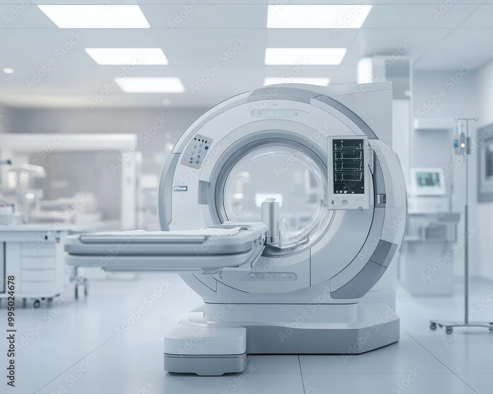 A modern CT scanner in a clinical setting, showcasing advanced medical technology and a sterile environment. A modern CT scanner in a clinical setting, showcasing advanced medical technology and a sterile environment.