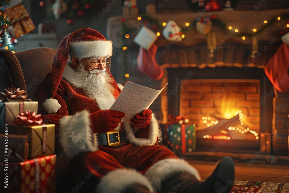 Joyful 3D render of Santa Claus reading a letter from a child by a cozy fireplace, surrounded by gifts and holiday decorations, created by ai Joyful 3D render of Santa Claus reading a letter from a child by a cozy fireplace, surrounded by gifts and holiday decorations, created by ai
