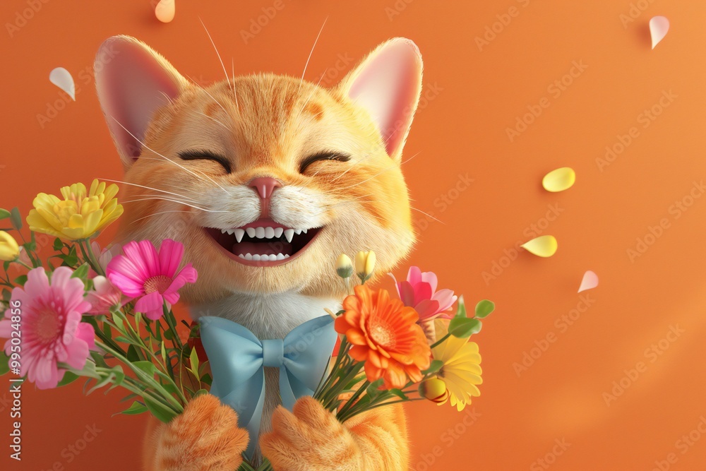 Fototapeta premium Happy 3D cartoon cat with a festive bow tie, holding a bouquet of flowers, created by ai