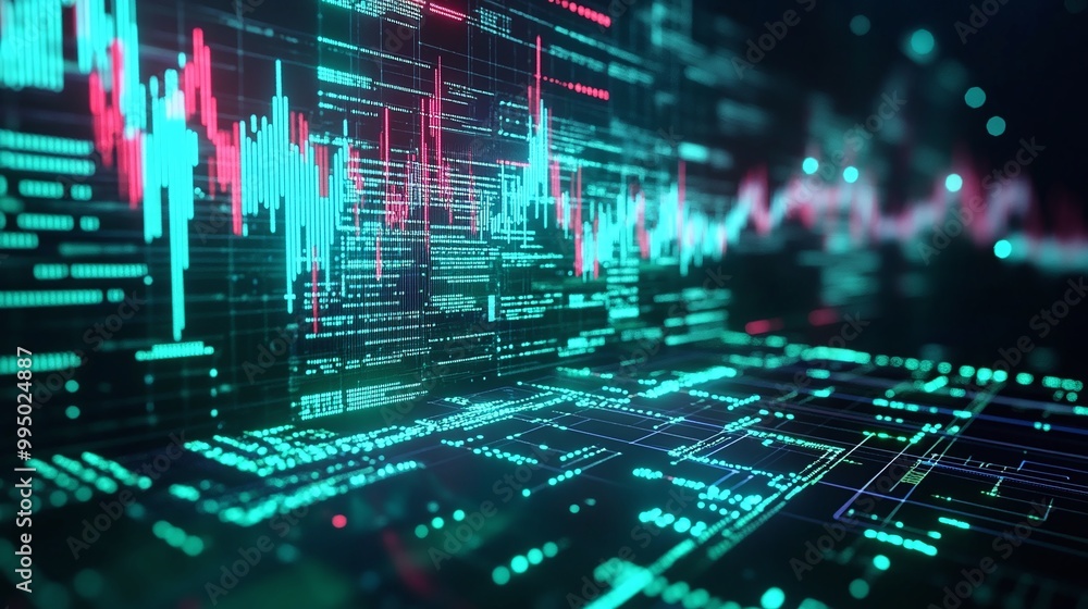 Fototapeta premium Abstract technology background featuring digital data, graphs, and neon colors for modern design and analytics.