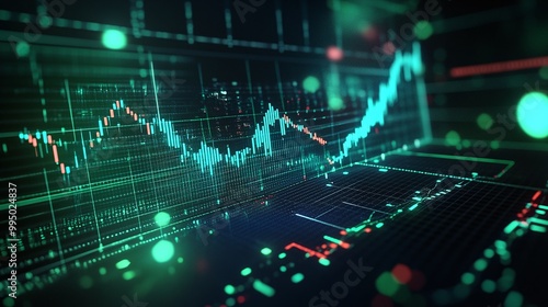 Abstract stock market data visualization with glowing green and red lines on a digital interface.