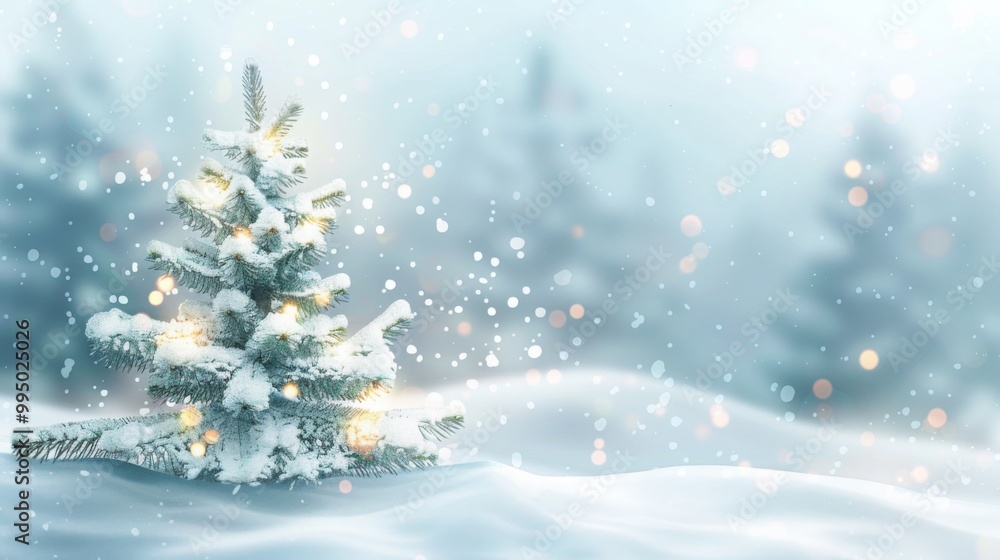 Obraz premium Festive Christmas Background with Snow-Covered Fir Tree and Blurred Lights, Perfect for Winter Landscape, New Year Celebration, Snowy Nature Wallpaper, Christmas Card Template with Space for Text