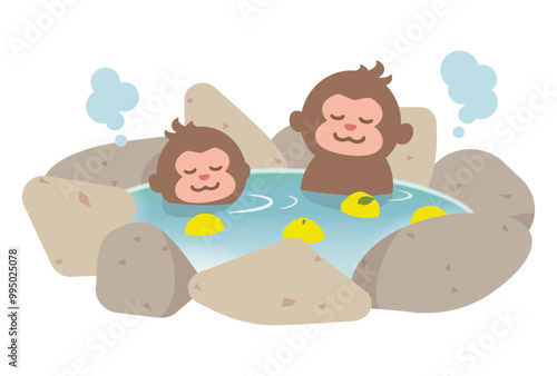 猿の親子がゆず湯に入るイラスト