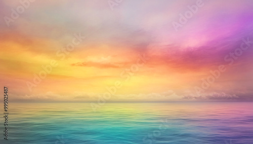 A dreamy sky transitioning from a golden sunset to a full spectrum of rainbow colors, giving off a vibrant yet calming feel