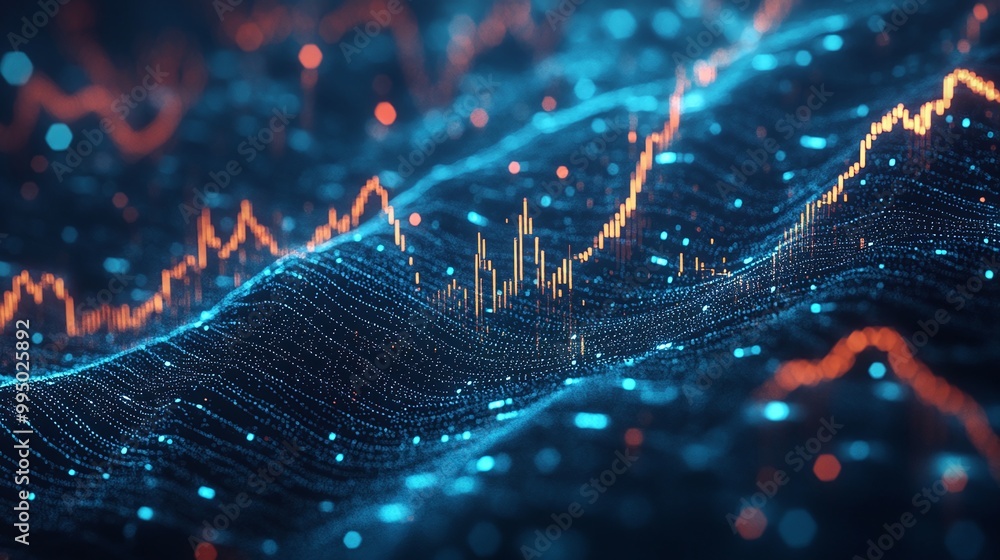 Abstract visualization of financial data with glowing graphs and digital elements on a dark background. Abstract visualization of financial data with glowing graphs and digital elements on a dark background.