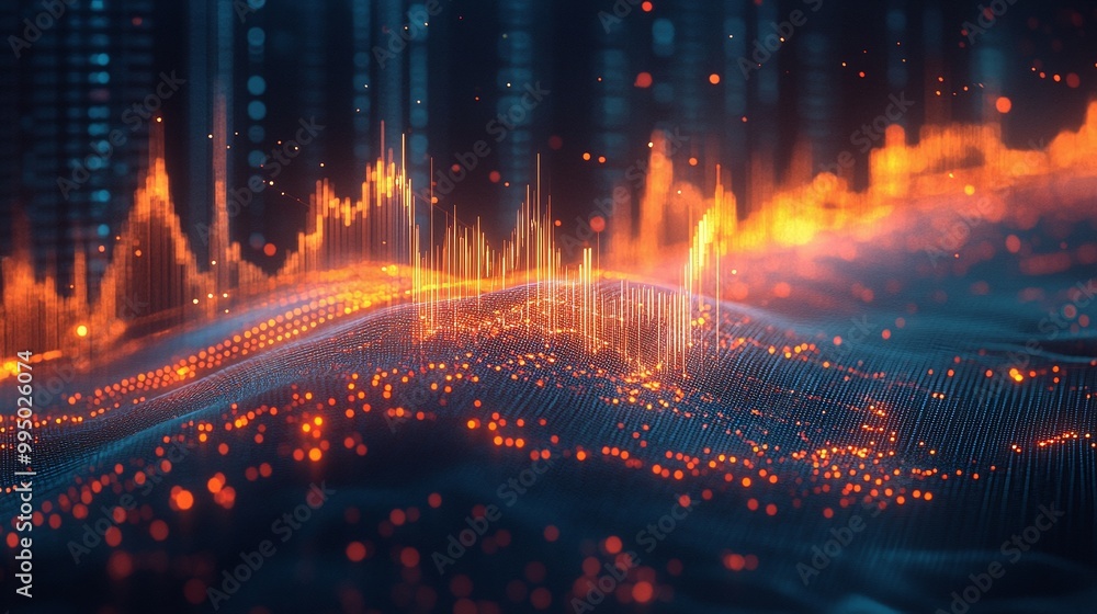 Abstract wave visualization of data signals and analytics with glowing elements in orange and blue tones. Abstract wave visualization of data signals and analytics with glowing elements in orange and blue tones.