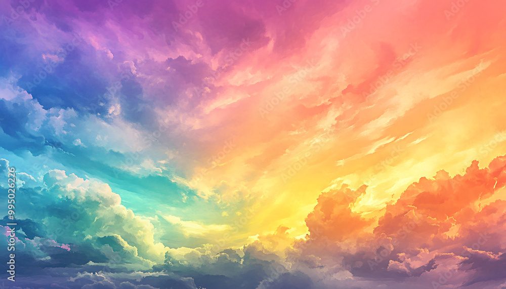 Obraz premium A dreamy sky transitioning from a golden sunset to a full spectrum of rainbow colors, giving off a vibrant yet calming feel