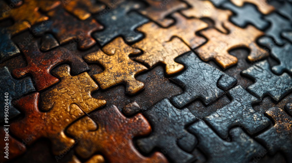 Close-up of a metallic puzzle with pieces interlocked. Close-up of a metallic puzzle with pieces interlocked.