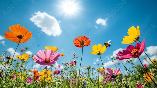 Colorful flowers blooming under a bright blue sky with fluffy clouds.