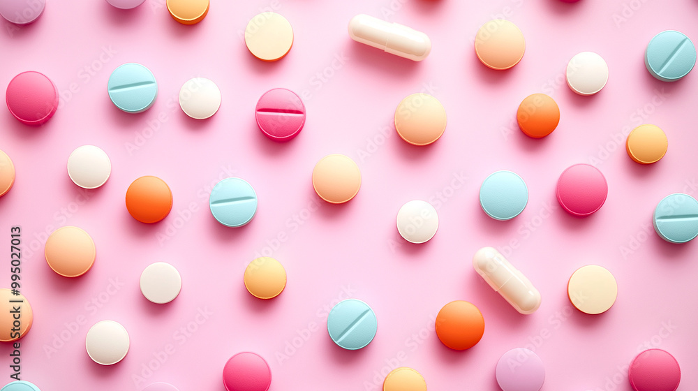 Flat lay colorful medicine different pills, tablets and capsules on pink pastel background Flat lay colorful medicine different pills, tablets and capsules on pink pastel background