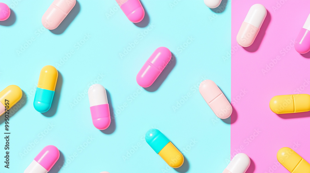 Flat lay colorful medicine different pills, tablets and capsules on light blue and pink pastel background. Flat lay colorful medicine different pills, tablets and capsules on light blue and pink pastel background.
