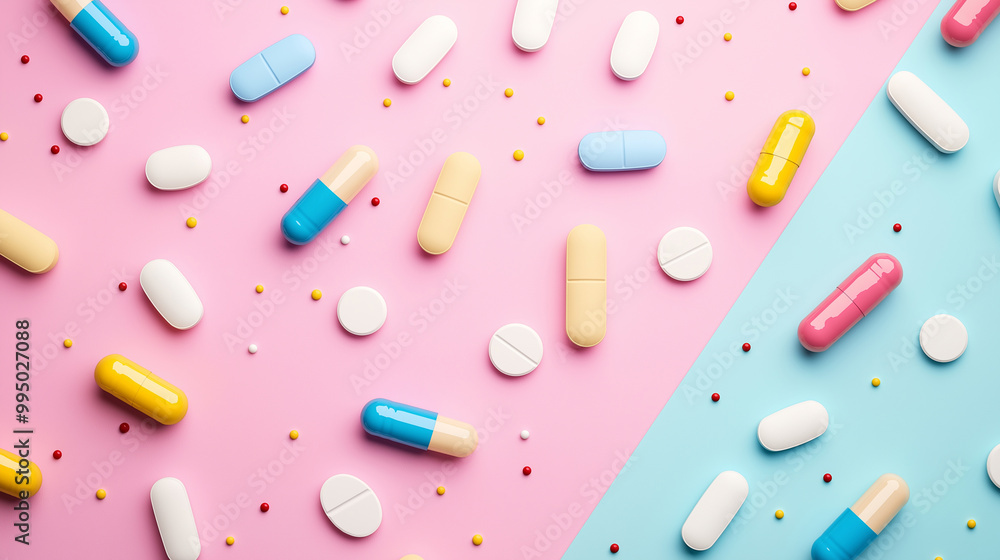 Flat lay colorful medicine different pills, tablets and capsules on light blue and pink pastel background. Flat lay colorful medicine different pills, tablets and capsules on light blue and pink pastel background.