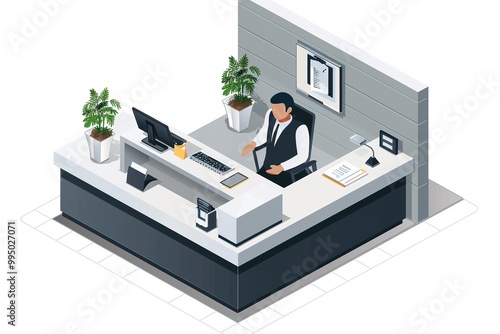 Receptionist, Reception Desk, isometric, isolated white background