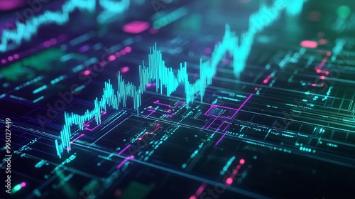 Colorful digital data visualization depicting financial market trends and statistics.