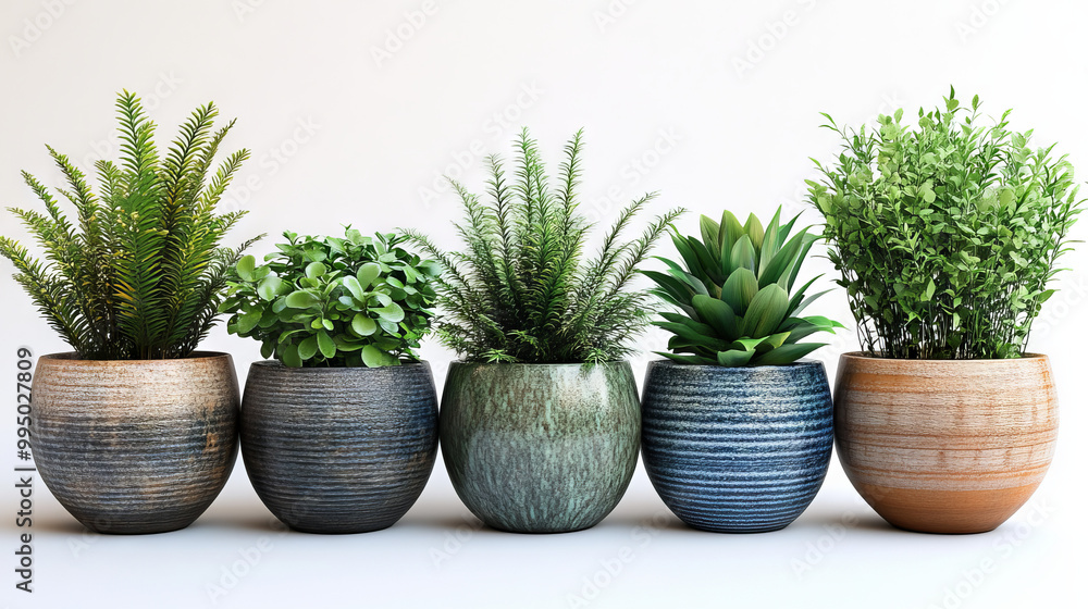 Five potted plants in various shades of green and brown. Five potted plants in various shades of green and brown.