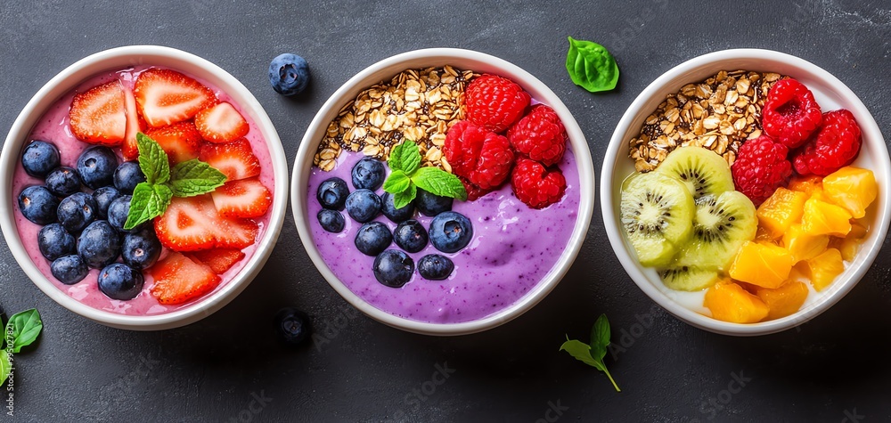 Colorful smoothie bowls topped with fruits and granola on a dark background. Colorful smoothie bowls topped with fruits and granola on a dark background.