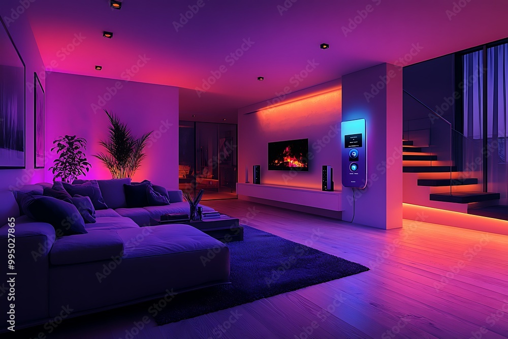 Modern living room with ambient lighting and decor. Modern living room with ambient lighting and decor.