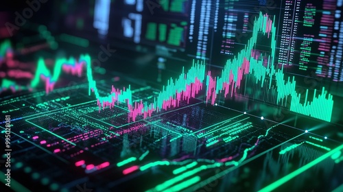 Colorful digital financial data visualization with charts and graphs illustrating market trends and statistics.