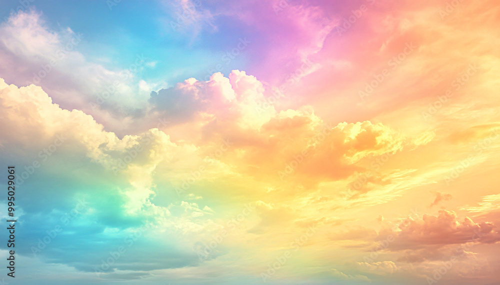 Obraz premium A dreamy sky transitioning from a golden sunset to a full spectrum of rainbow colors, giving off a vibrant yet calming feel