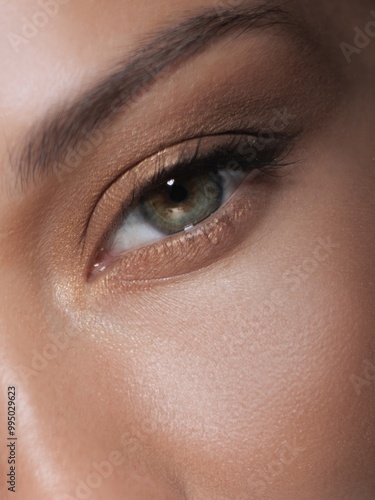 Close-Up of Green Eye with Flawless Skin and Subtle Eyeshadow