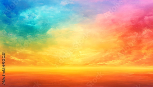 A dreamy sky transitioning from a golden sunset to a full spectrum of rainbow colors, giving off a vibrant yet calming feel