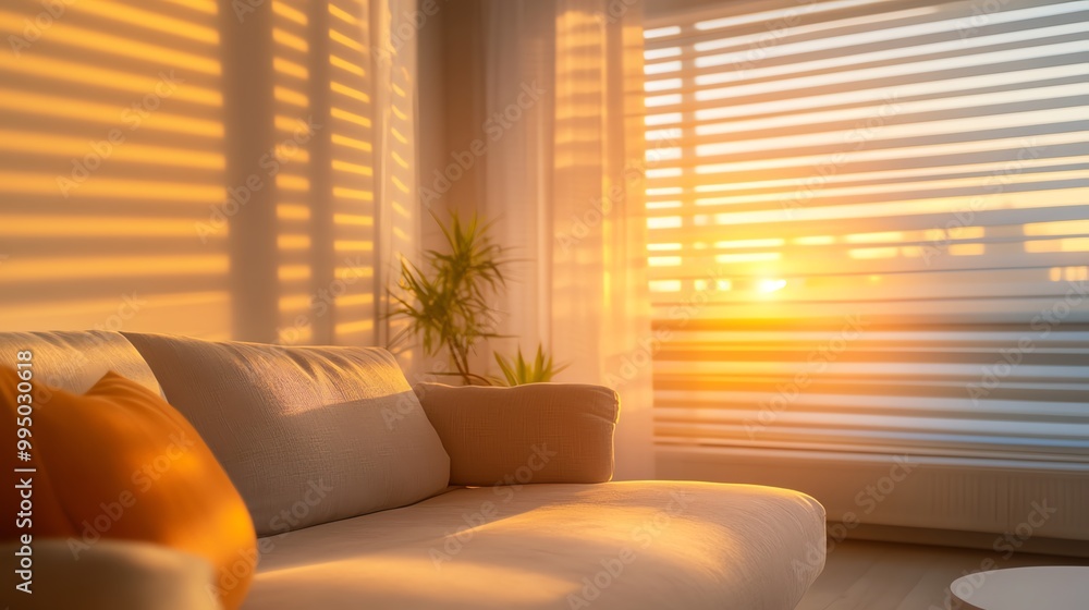 Fototapeta premium Cozy living room with sunlight filtering through blinds.
