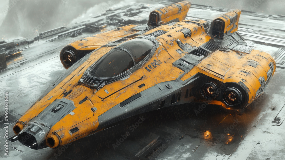 A weathered yellow spaceship sits on a landing pad. A weathered yellow spaceship sits on a landing pad.