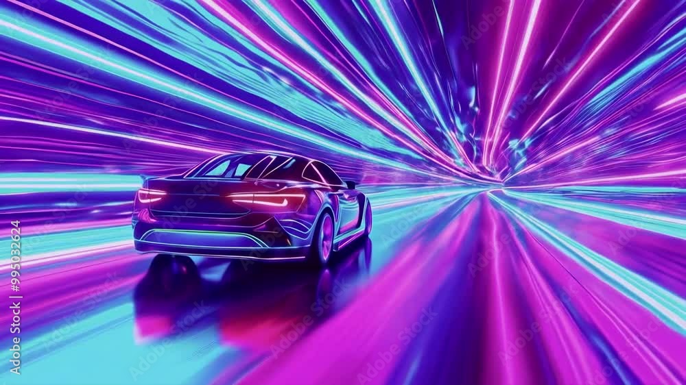 3D Car Model Driving on a Bright Road in Neon Colorful Blue Purple Tunnel at a High speed 3D Car Model Driving on a Bright Road in Neon Colorful Blue Purple Tunnel at a High speed