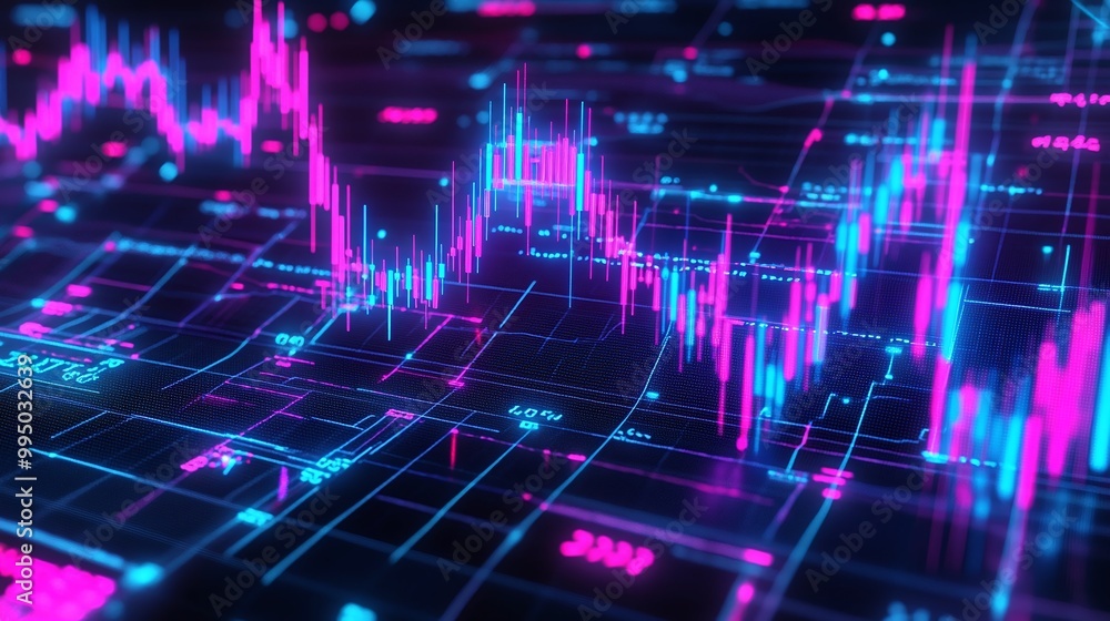 Digital stock market analysis with glowing graphs and charts on a dark background. Digital stock market analysis with glowing graphs and charts on a dark background.