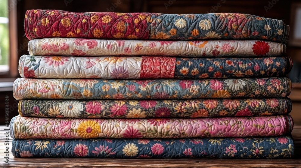 A stack of beautifully embroidered quilts in various colors. A stack of beautifully embroidered quilts in various colors.
